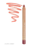 Lük Beautifood Natural Lipstick Crayon in Lychee Sorbet shade with swatch showcasing vibrant pink lipstick pencil.