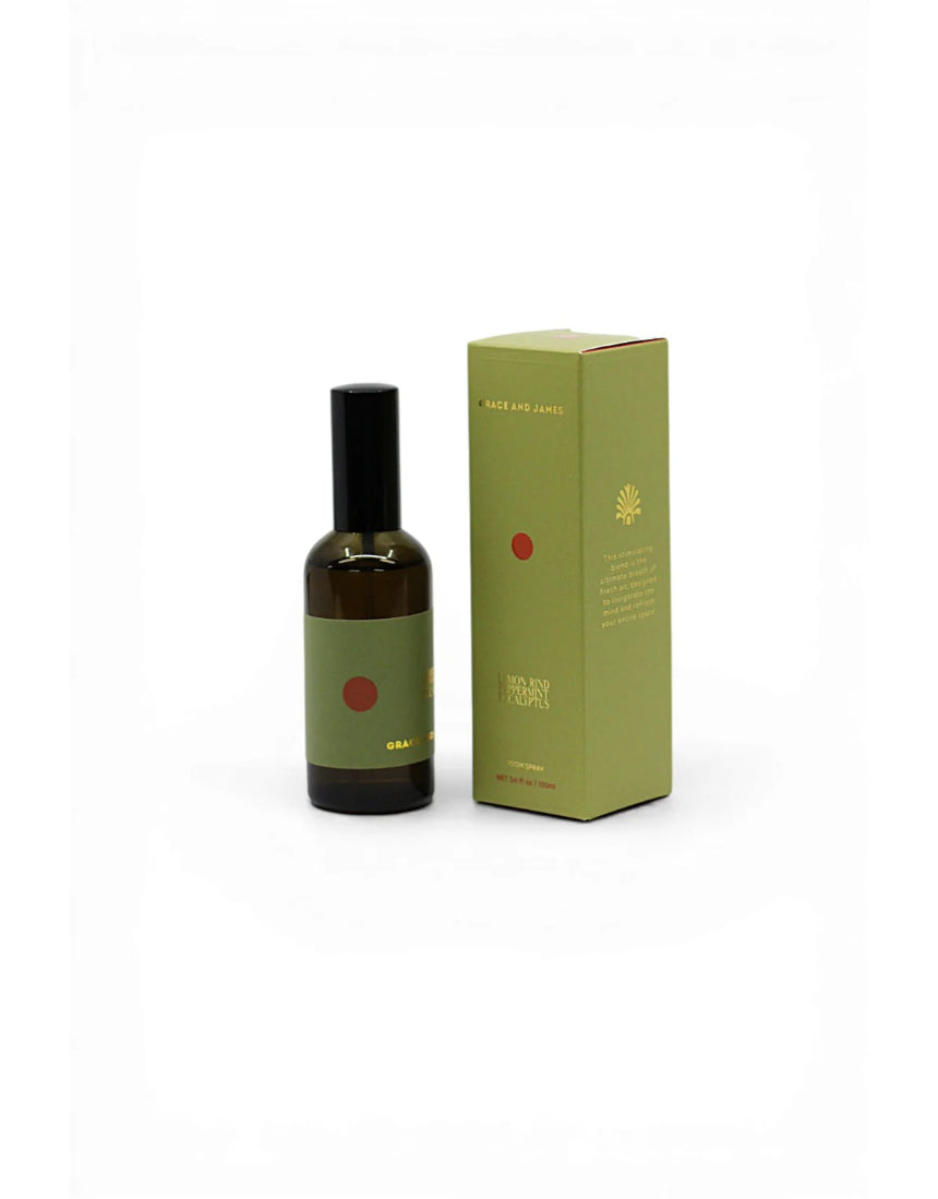 Grace & James Forager Room Spray with lemon rind, eucalyptus, and peppermint in a spray bottle for freshening rooms.