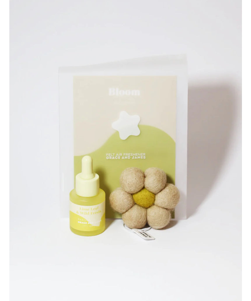 Grace & James Lime Leaf and Wild Fresia felt air freshener with vibrant green and yellow felt layers and fresh floral design.