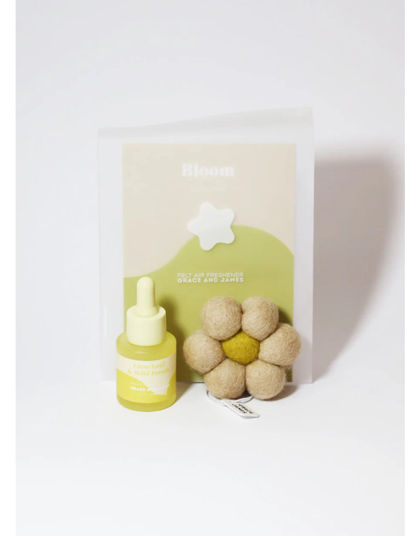 Grace & James Lime Leaf and Wild Fresia felt air freshener with vibrant lime and floral design.