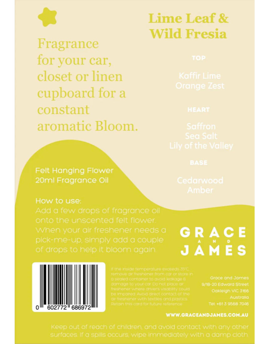 Grace & James Lime Leaf and Wild Fresia felt air freshener with fresh green lime leaf and delicate white fresia flowers.