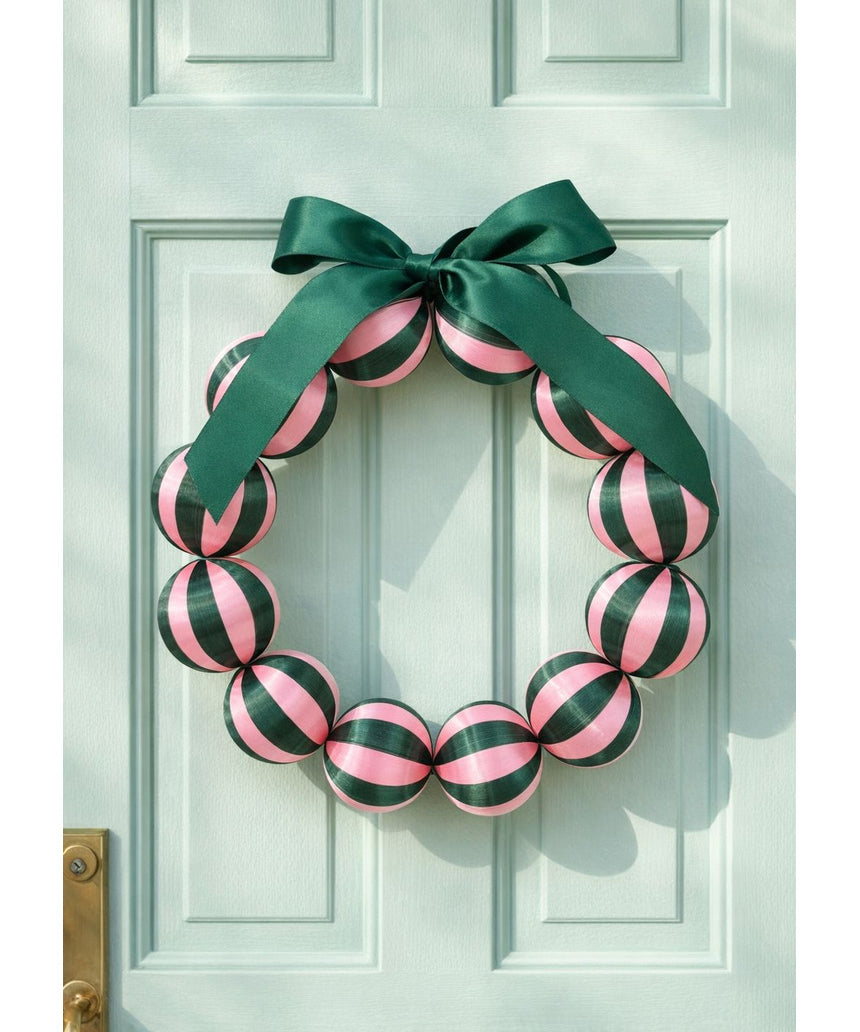 Little Fish Co silk ball Christmas wreath in green and pink, featuring delicate silk flowers and festive holiday decoration.
