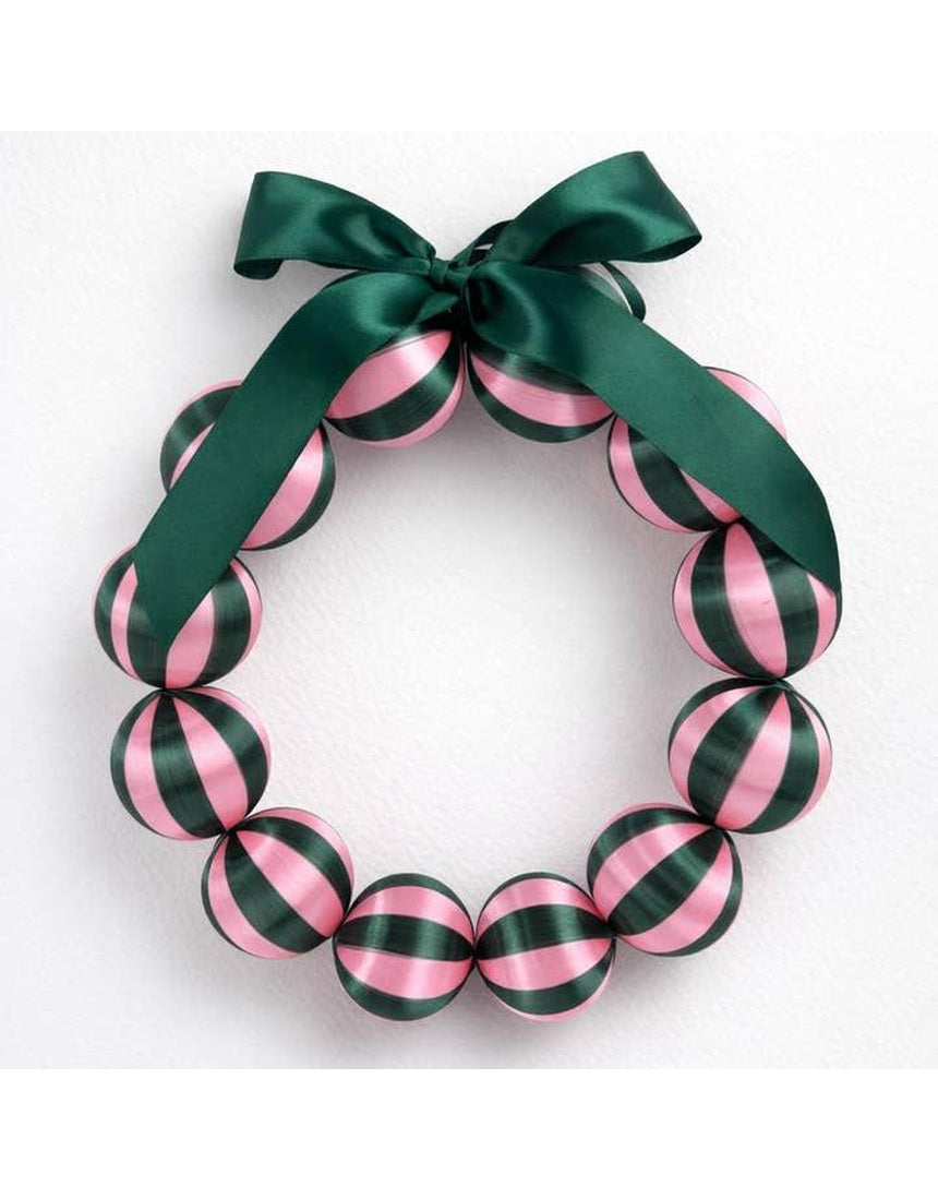 Little Fish Co silk ball Christmas wreath with green and pink silk balls, festive holiday decoration for door or wall.