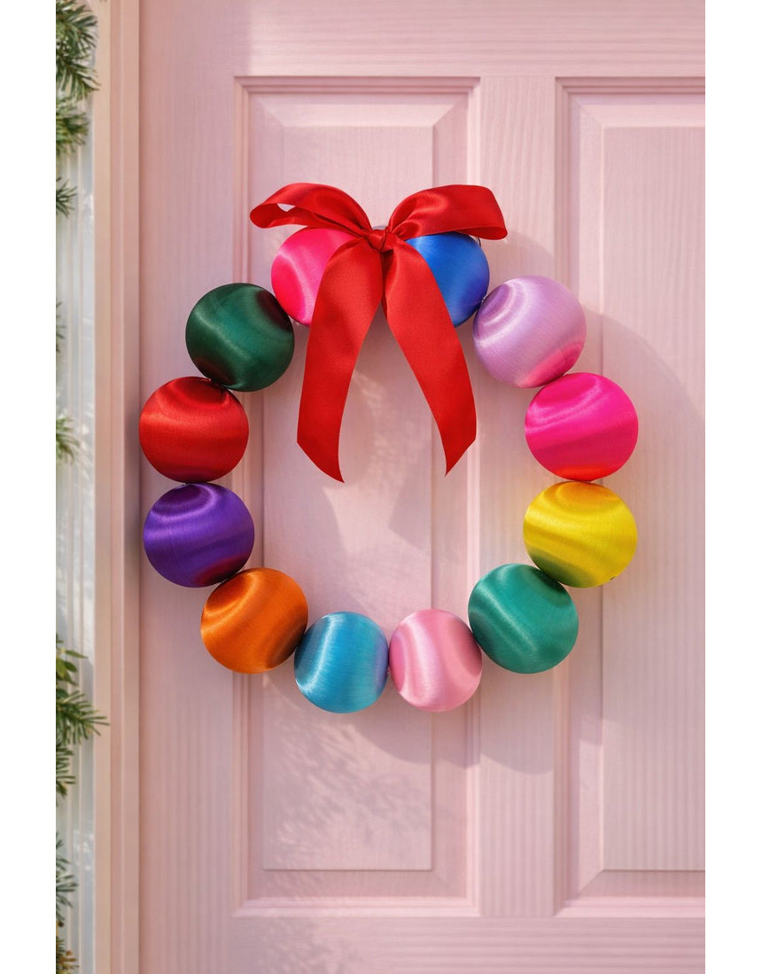 Colorful silk ball Christmas wreath by Little Fish Co featuring vibrant multi-colored silk balls for festive holiday decor.