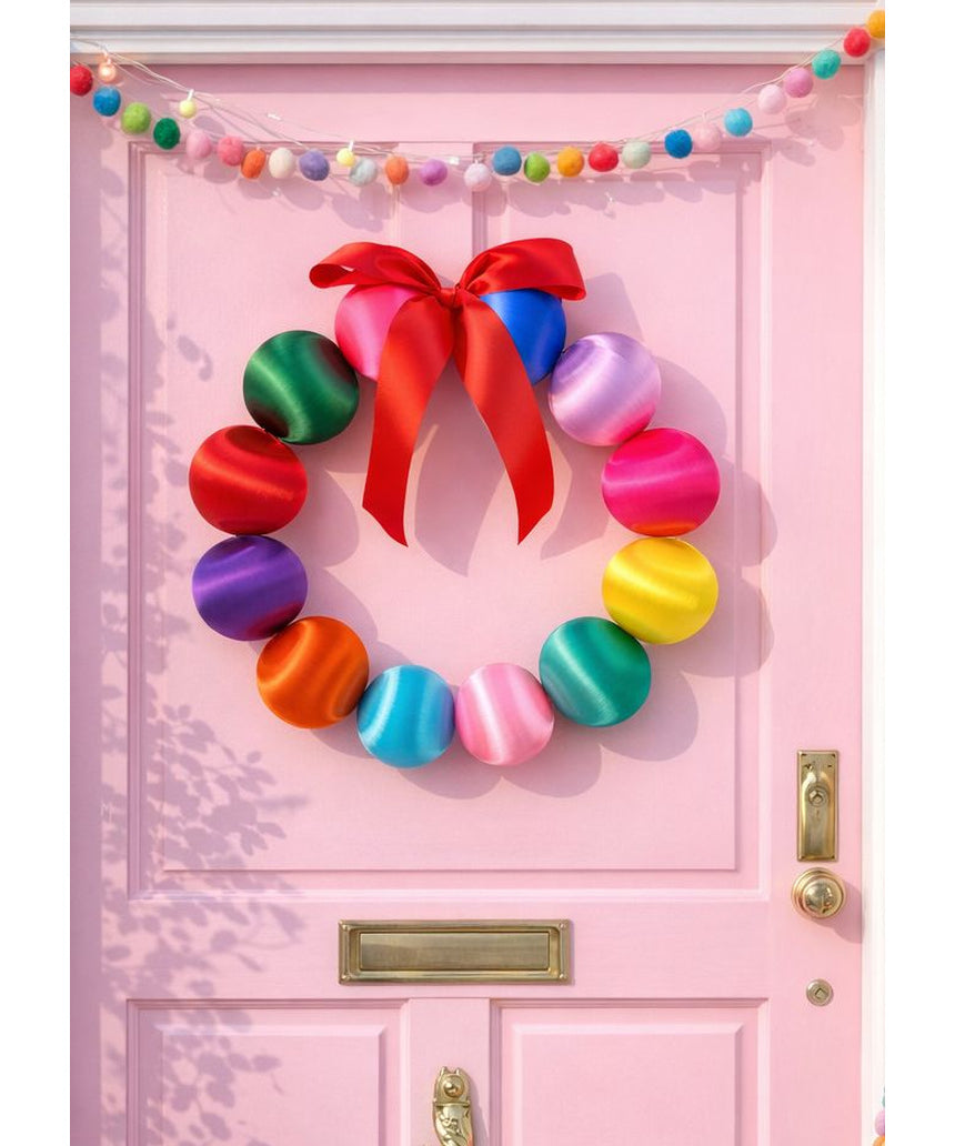 Colorful Little Fish Co silk ball Christmas wreath with multicolored silk balls, festive holiday decor for the door or wall.
