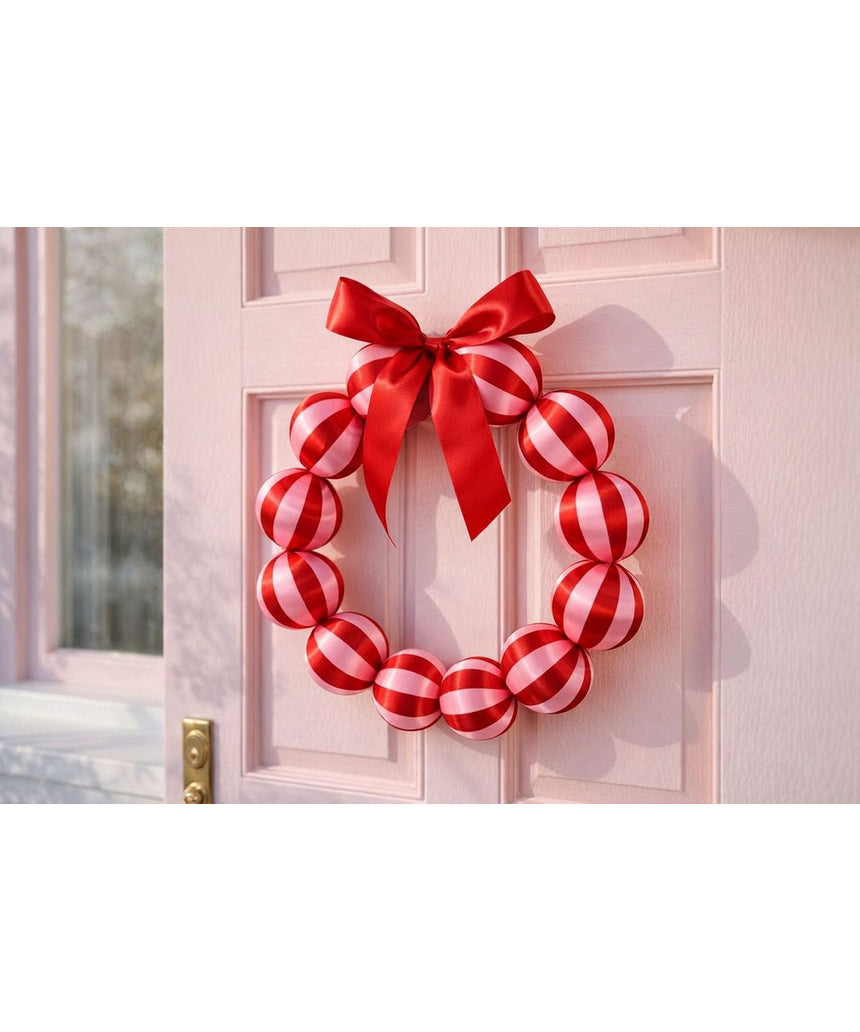 Little Fish Co silk ball Christmas wreath in red and pink with festive silk ornaments, displayed hanging on a door.