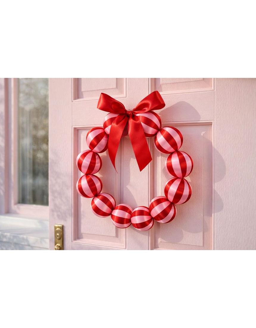 Little Fish Co silk ball Christmas wreath in red and pink with festive silk ornaments, displayed hanging on a door.