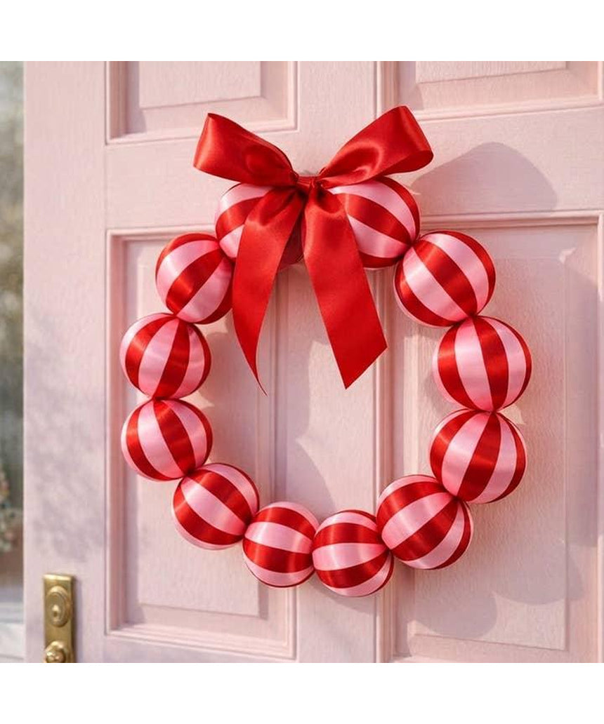 Little Fish Co silk ball Christmas wreath with red and pink decorative balls, perfect for festive holiday decor.