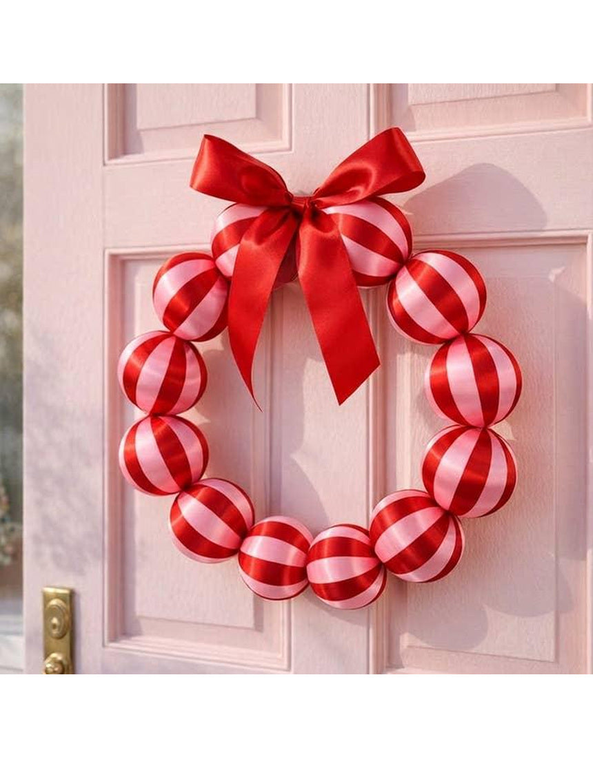 Little Fish Co silk ball Christmas wreath with red and pink decorative balls, perfect for festive holiday decor.