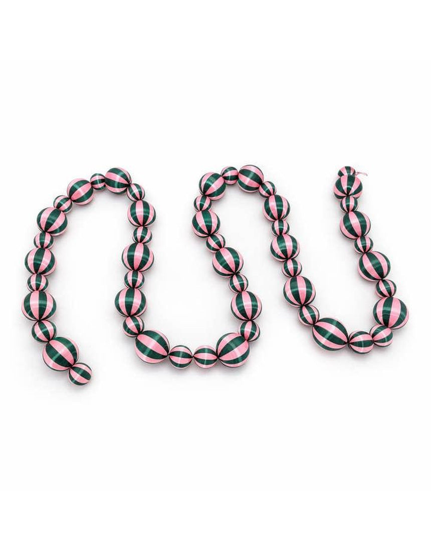 Green and pink satin stripe Christmas garland by Little Fish Co, featuring soft, shiny fabric strands for festive decoration.