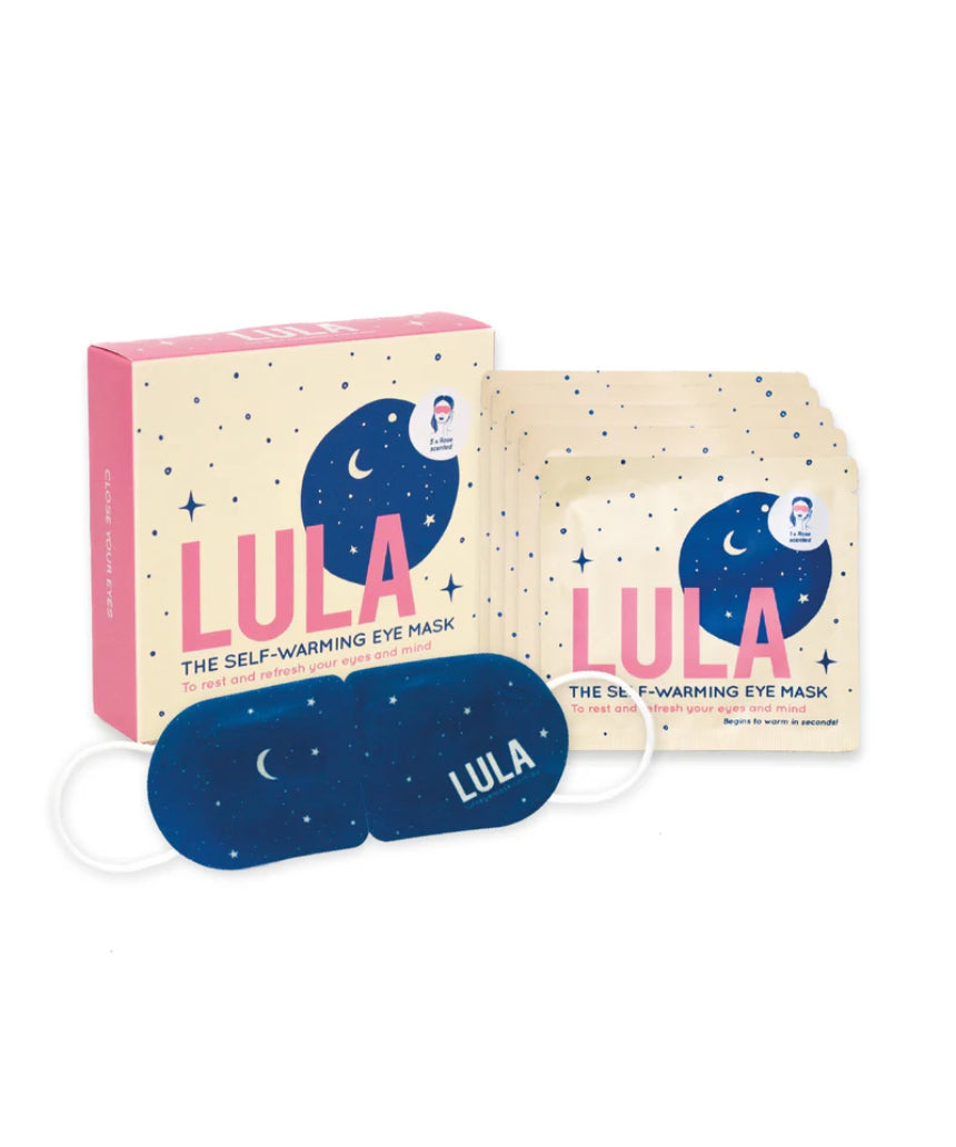 Lula self-warming eye mask in rose color, group shot showing five eye masks designed for relaxing eye comfort.