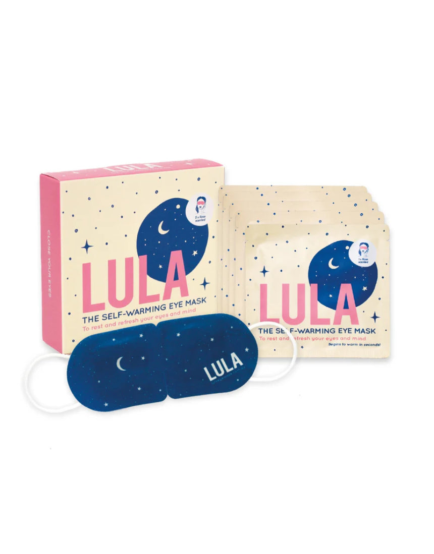Lula self-warming eye mask in rose color, group shot showing five eye masks designed for relaxing eye comfort.