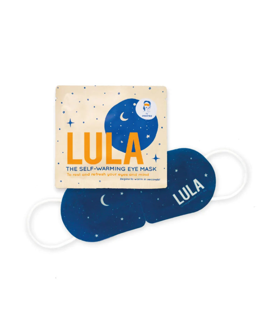Lula self-warming unscented eye masks displayed together, showing soft, dark fabric with adjustable straps for soothing eye comfort.