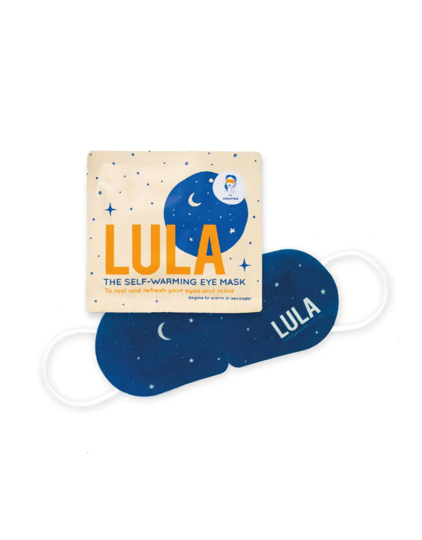 Lula self-warming unscented eye masks displayed together, showing soft, dark fabric with adjustable straps for soothing eye comfort.