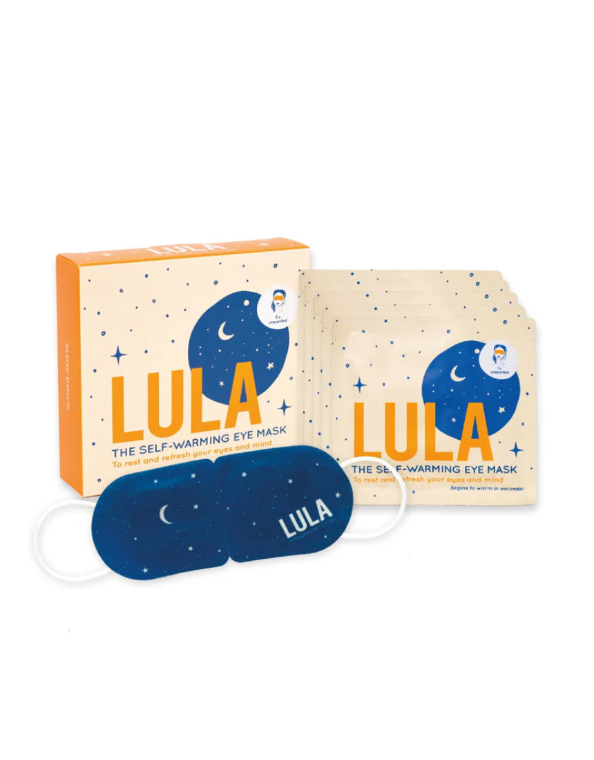 Lula Self-Warming Eye Mask set of five in unscented design, soft fabric, designed for relaxing eye comfort and soothing warmth.