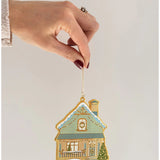 Bespoke Letterpress enamel Christmas ornament shaped like a house, festive holiday decoration with detailed colorful design.