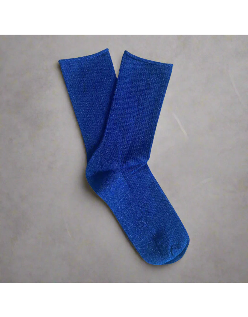 Electric blue Klue Glitter Lurex socks displayed in a packshot on a white background.