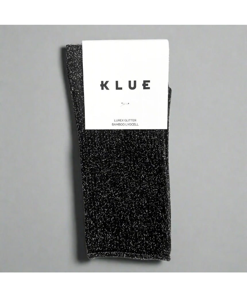 Black glitter lurex socks by Klue, shown in packshot image with shiny, textured fabric and classic sock design.