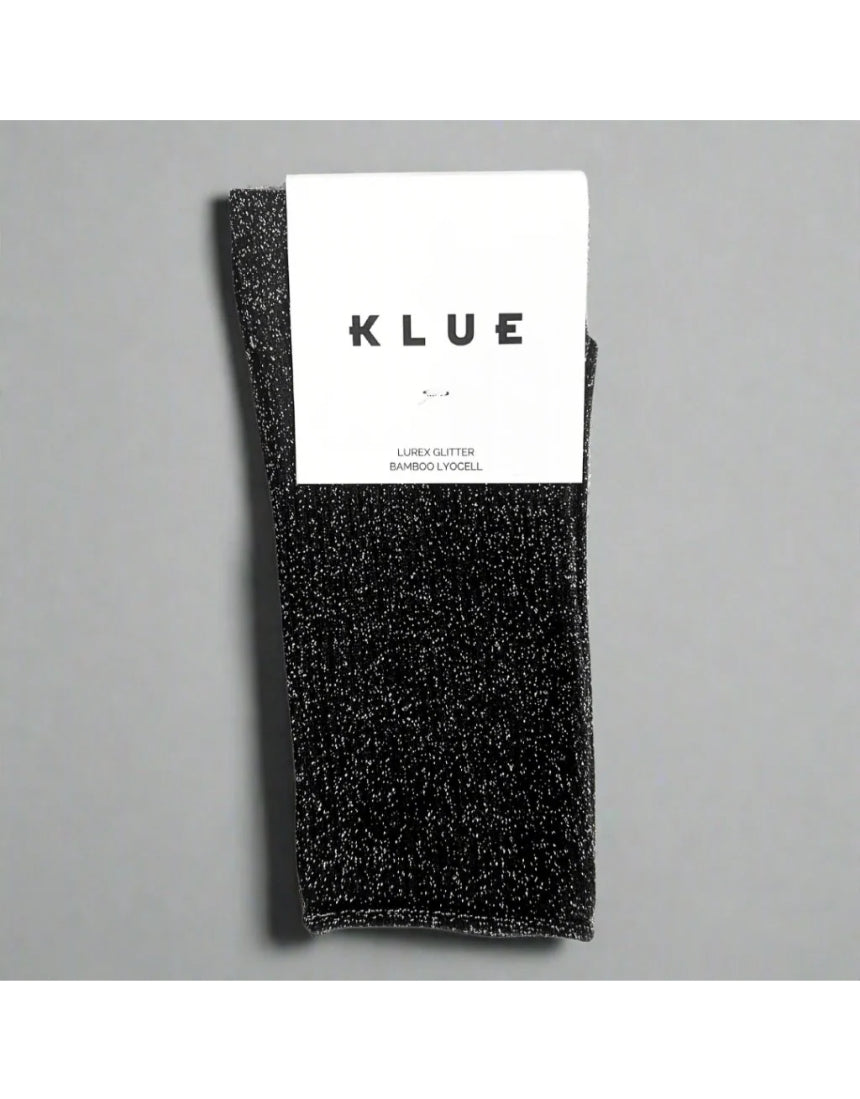 Black glitter lurex socks by Klue, shown in packshot image with shiny, textured fabric and classic sock design.
