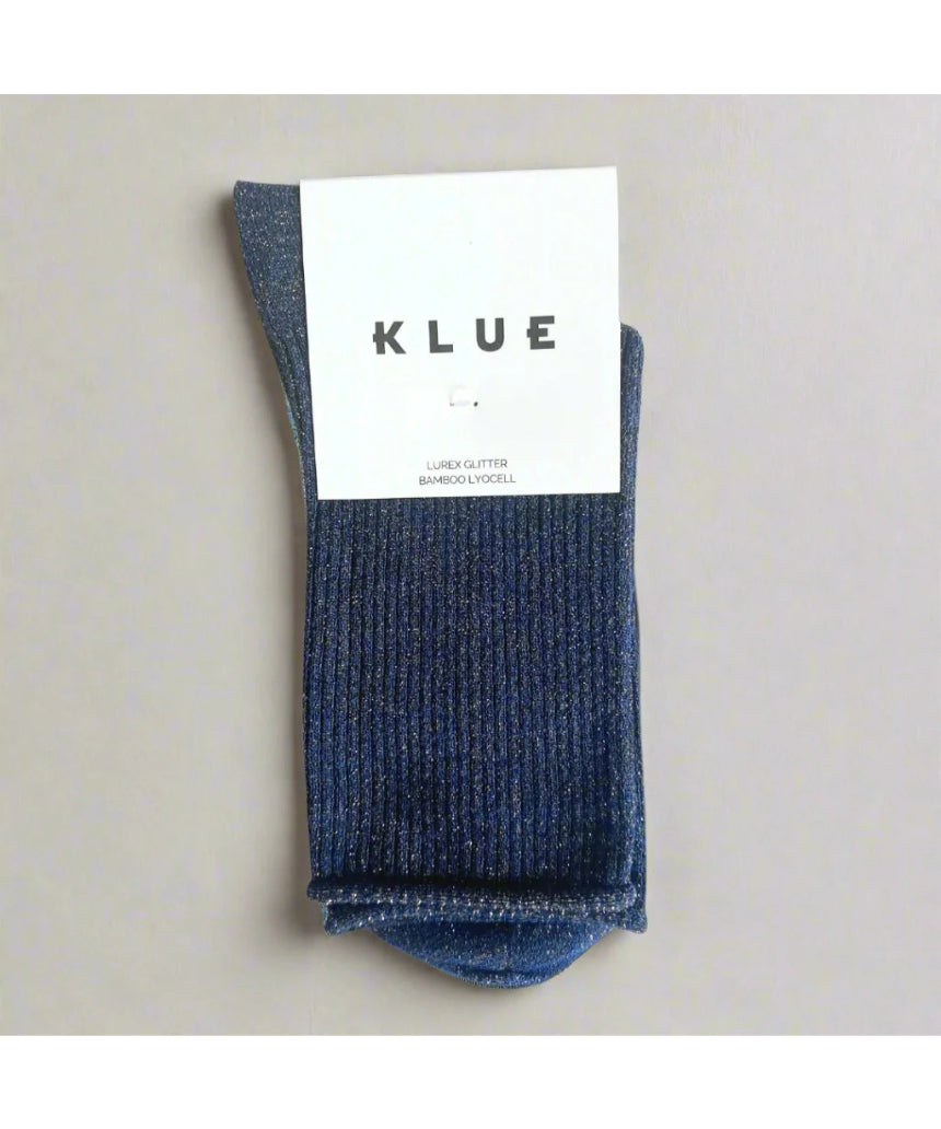 Blue Klue glitter lurex socks displayed on a plain background, showcasing their shiny, textured design and cozy fit.