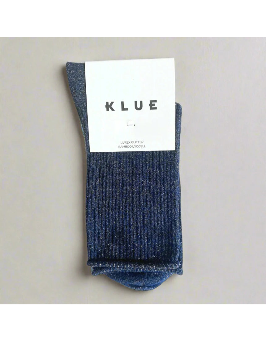 Blue Klue glitter lurex socks displayed on a plain background, showcasing their shiny, textured design and cozy fit.