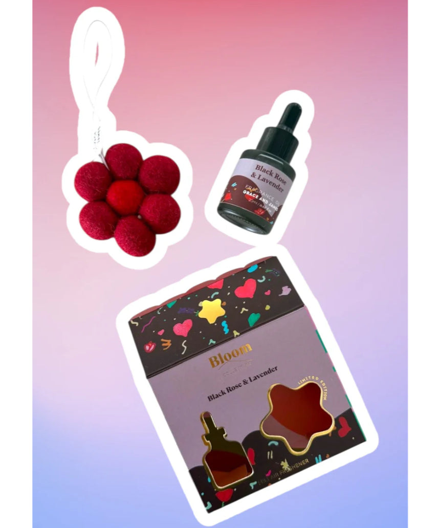 Black Rose and Lavender felt air freshener by Grace & James, featuring a floral design and natural scent elements.