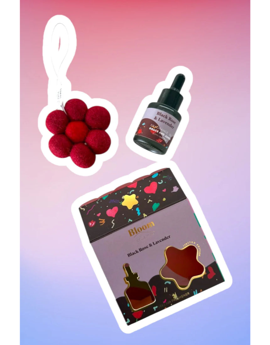 Black rose and lavender felt air freshener by Grace & James, featuring a floral design for fresh home scent.