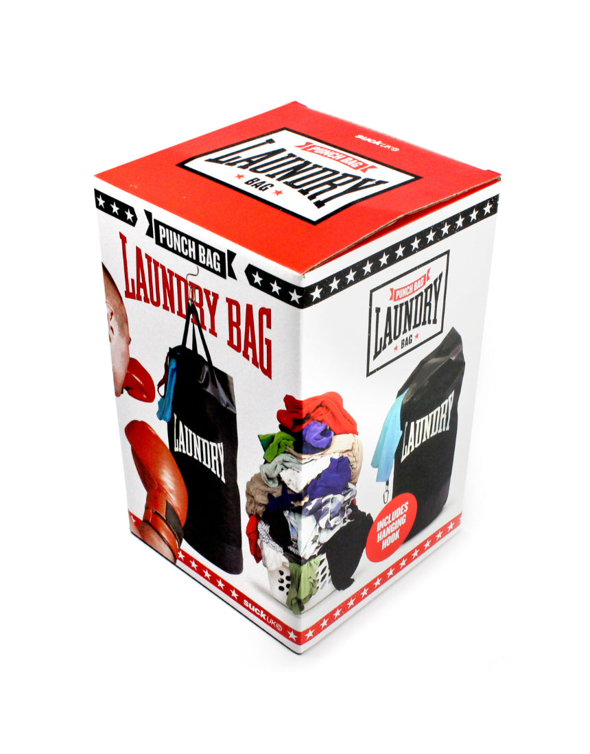 Suck UK punch laundry bag with bold punch design, durable fabric, and sturdy handles for easy laundry storage.