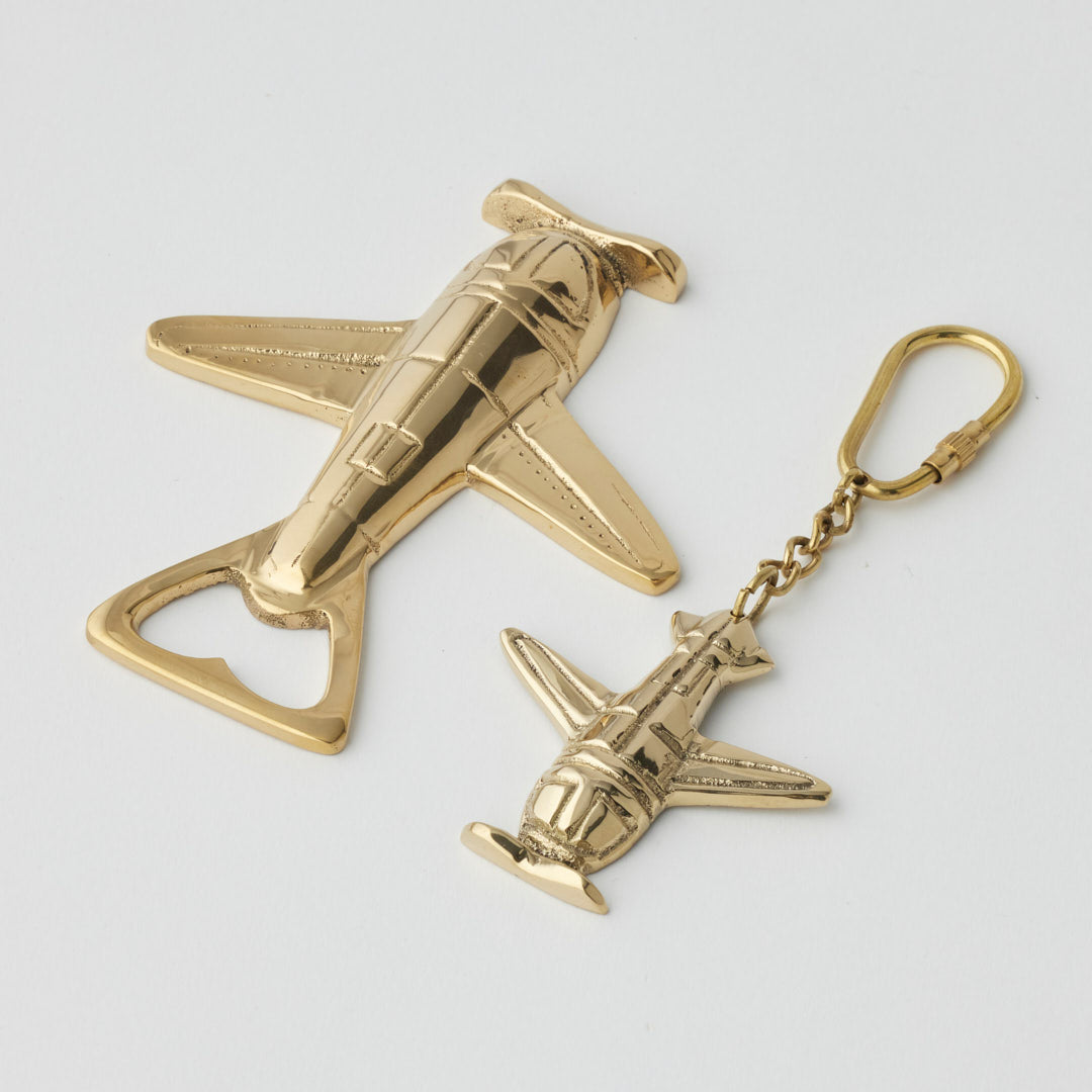 Pilbeam Living gold plane bottle opener and keyring set, stylish and functional bar accessory with keyring attachment.