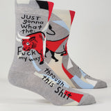 Blue Q men's socks featuring a humorous "WTF My Way Through" design, made of comfortable fabric with colorful patterns.