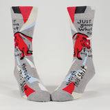 Blue Q men's socks featuring bold "WTF My Way Through" design, colorful pattern, and comfortable fit.