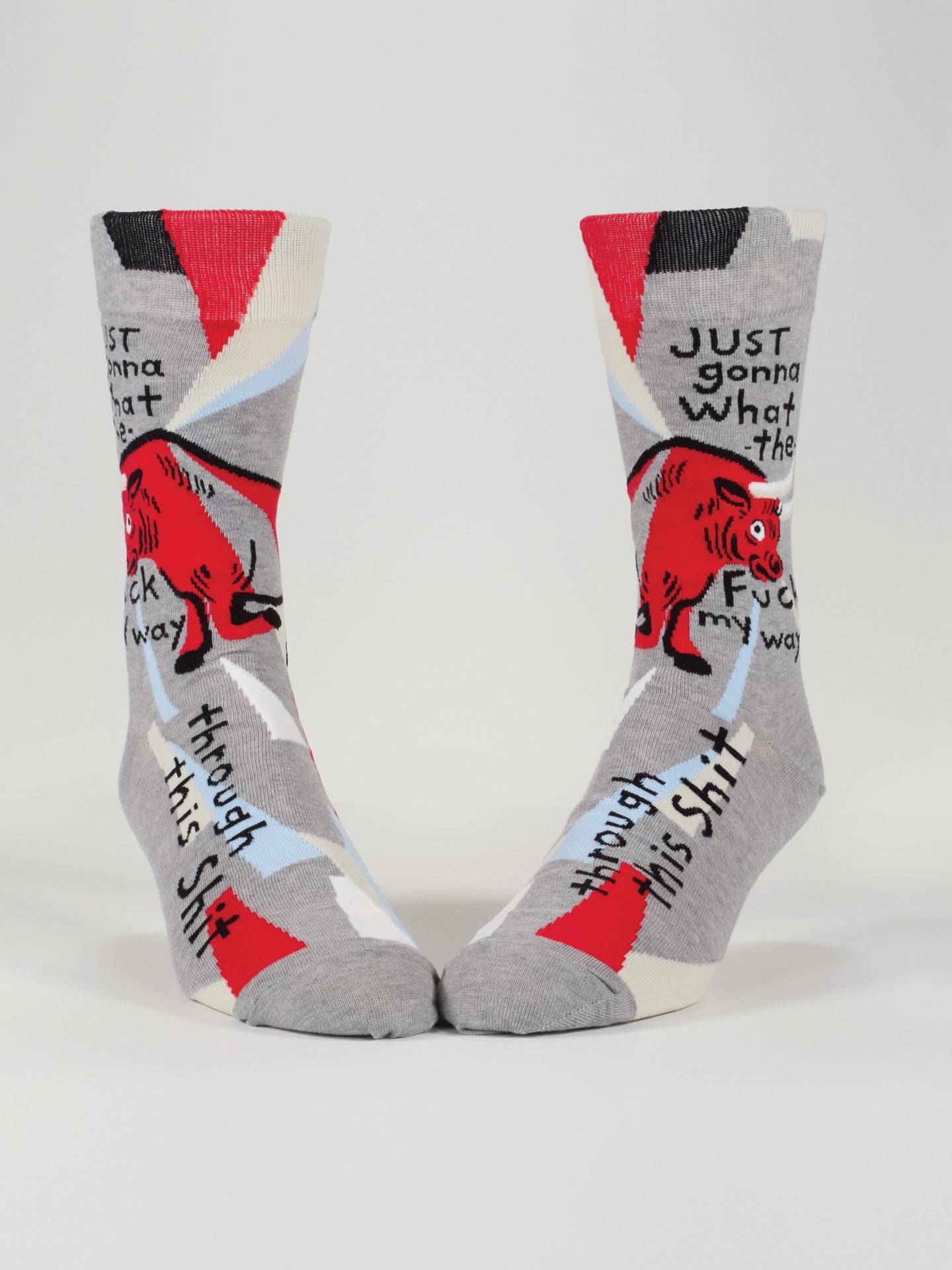 Blue Q men's socks featuring bold "WTF My Way Through" design, colorful pattern, and comfortable fit.
