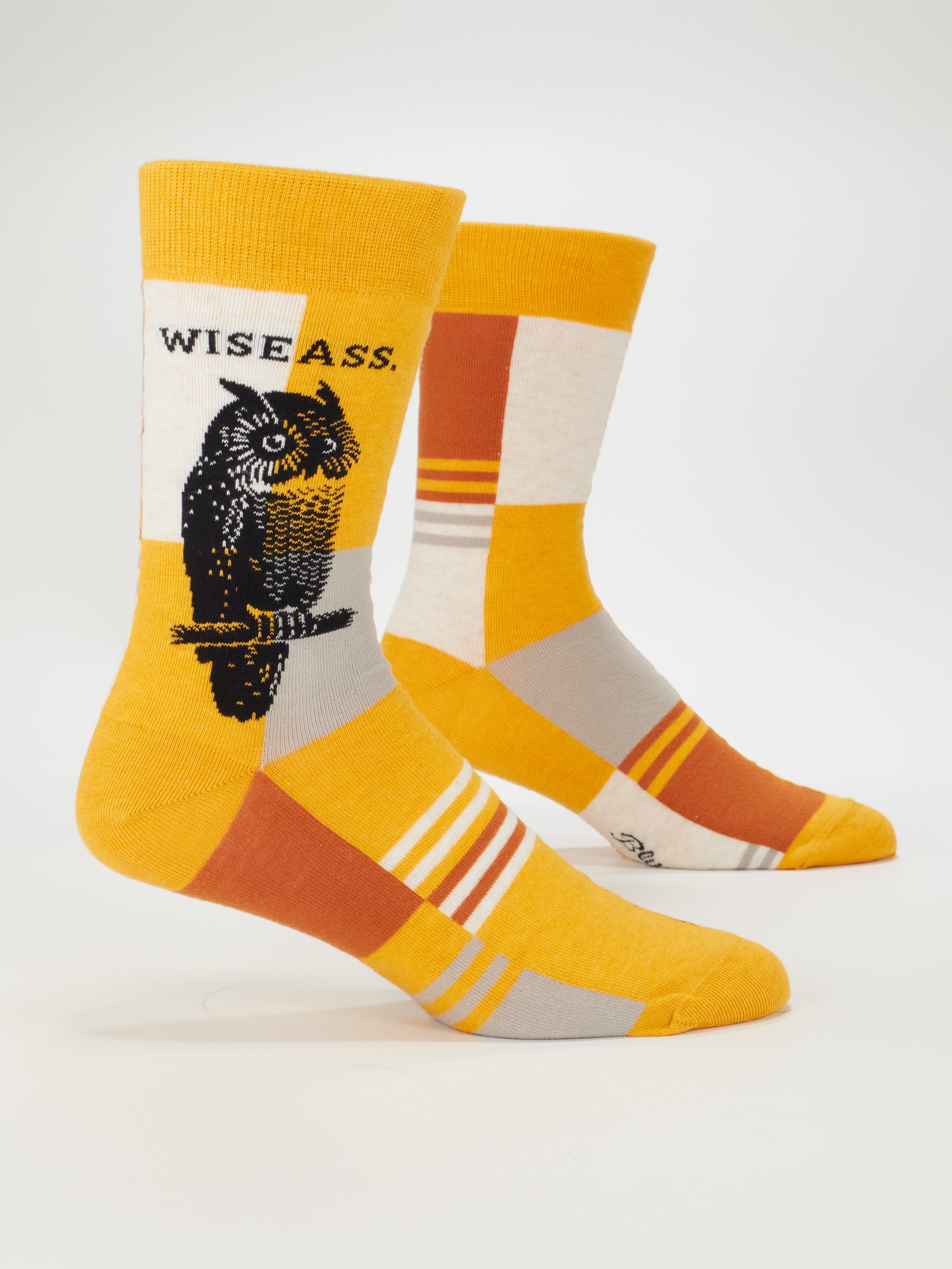 Blue Q men's crew socks featuring a witty design with the Wiseass slogan, made of comfortable, colorful fabric.