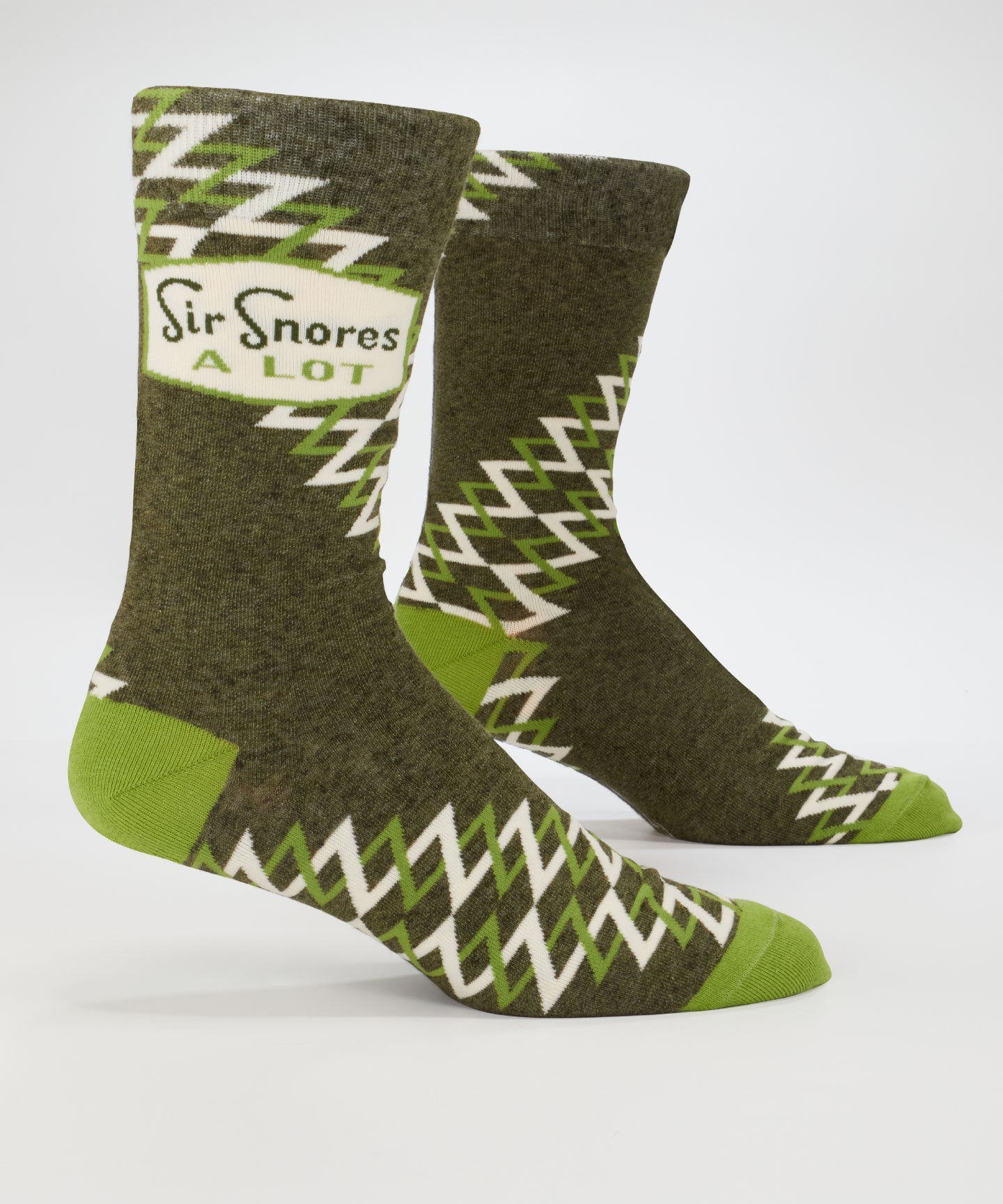 Blue Q men's crew socks featuring a colorful "Sir Snores A Lot" design, showcasing playful sleeping character illustration.