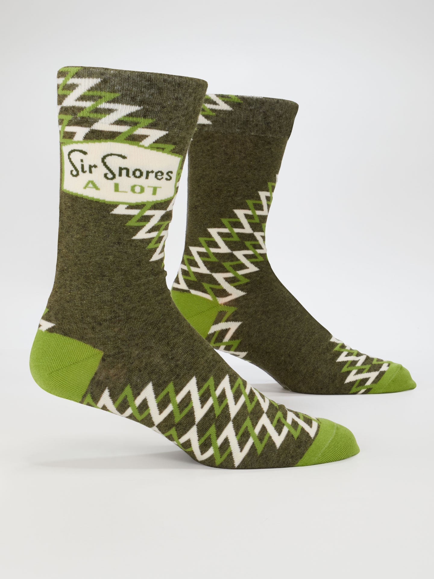 Blue Q men's crew socks featuring a colorful "Sir Snores A Lot" design, showcasing playful sleeping character illustration.
