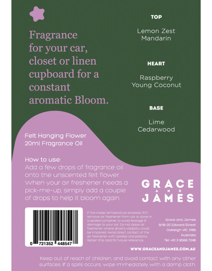 Grace & James Yuzu, Lime, and Coconut felt air freshener showing colorful felt pieces and natural scent design.