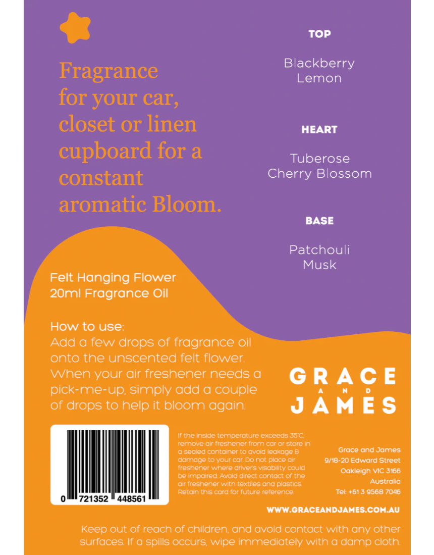 Grace & James Tigerlily & Jasmine felt air freshener with floral design, showcasing its decorative, eco-friendly scent diffuser.
