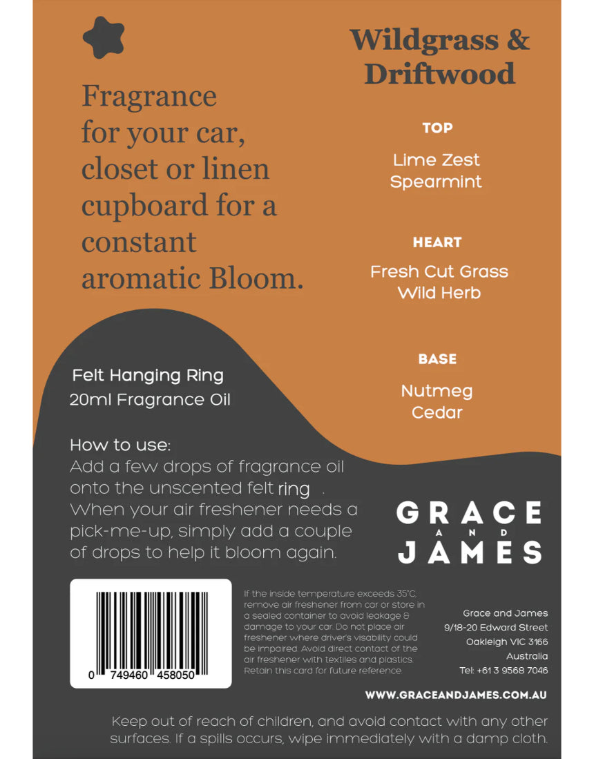 Grace & James Wildgrass & Driftwood felt air freshener showing natural felt material with botanical scent accents.