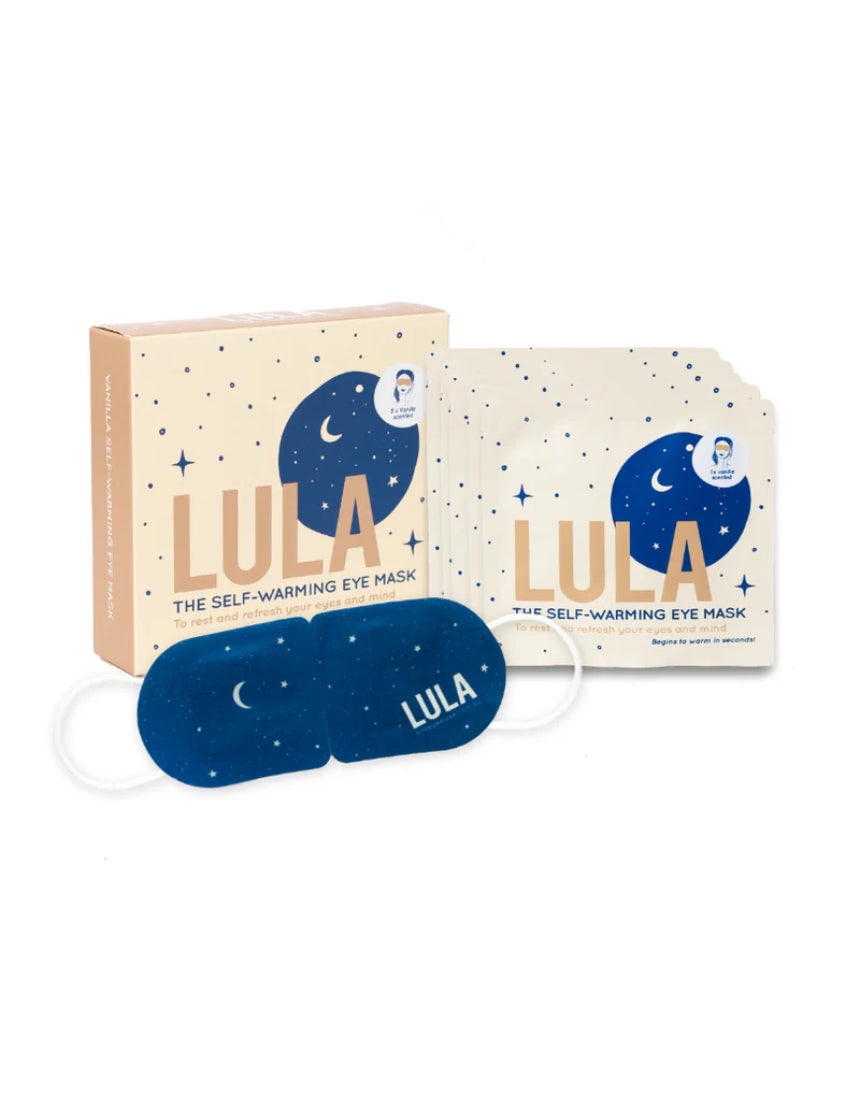 Lula self-warming eye mask in vanilla color, designed for relaxing eye comfort, shown in a close-up image.