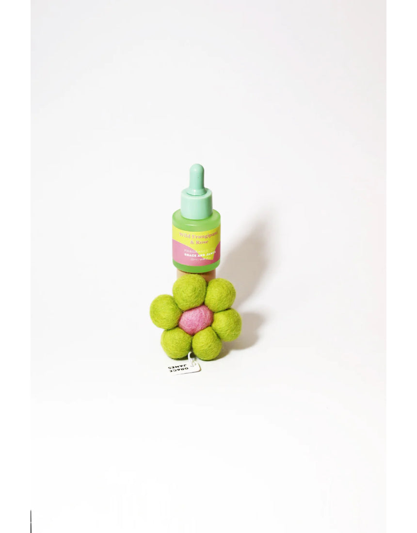 Grace & James Frangipani and Rose felt air freshener with dried floral accents, designed to add a fragrant touch to your space.
