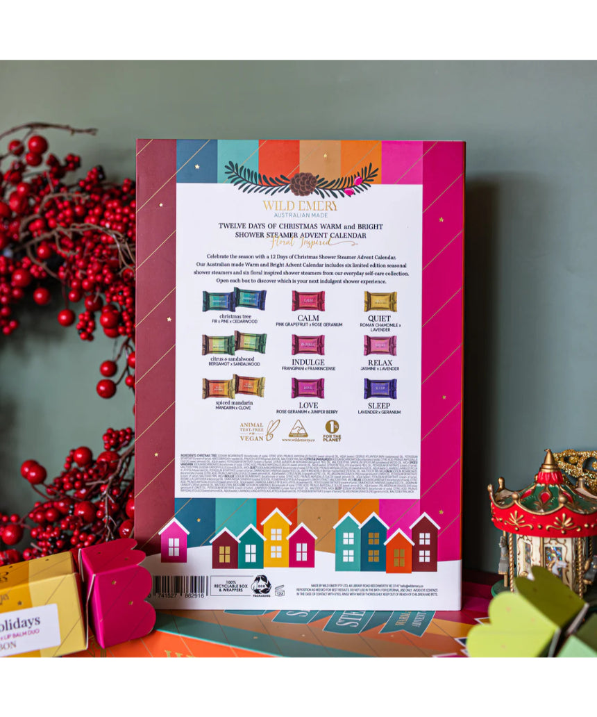 Wild Emery Warm & Bright 12 Days of Christmas shower steamer advent calendar with festive shower bombs in holiday packaging