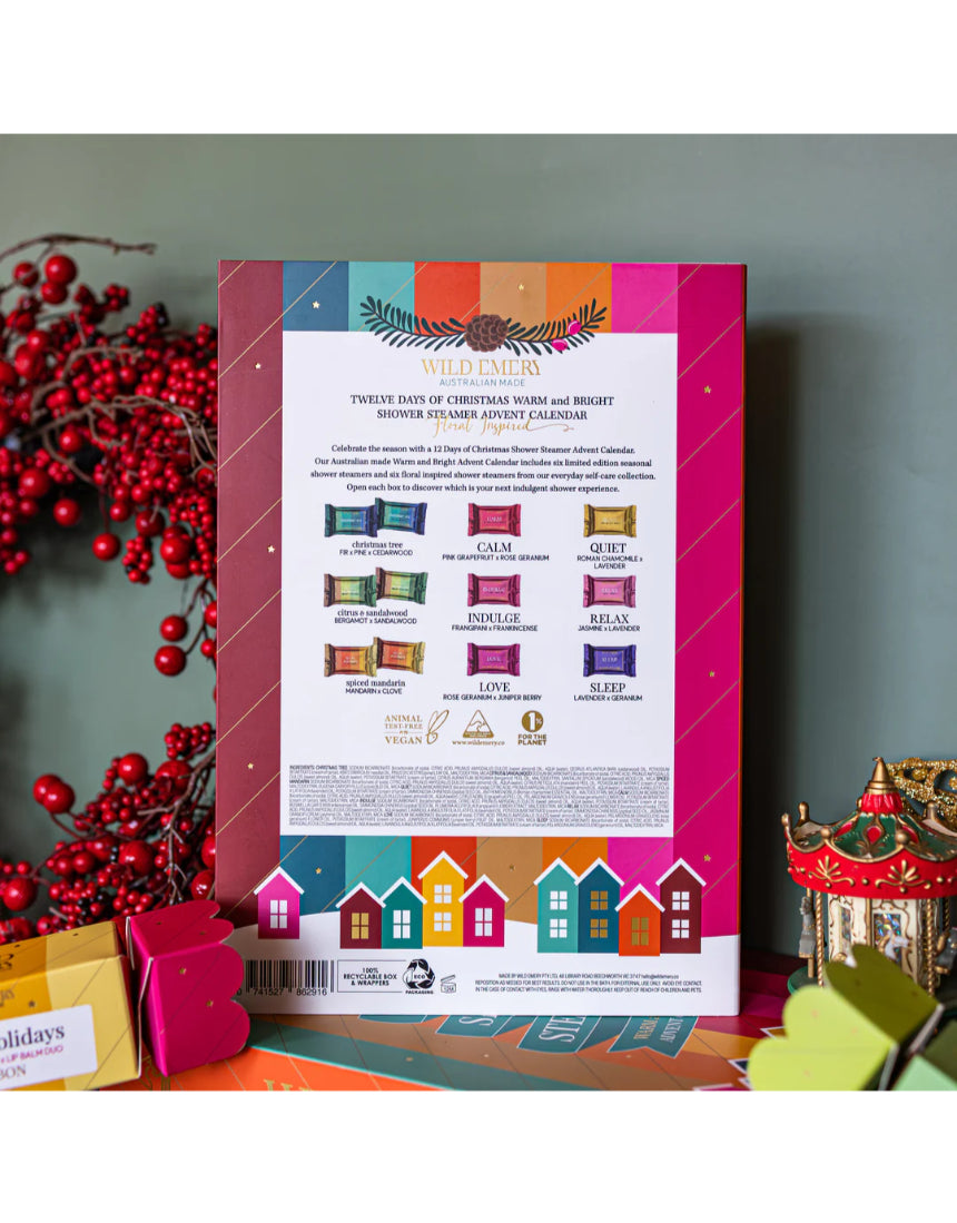 Wild Emery Warm & Bright 12 Days of Christmas shower steamer advent calendar with festive shower bombs in holiday packaging