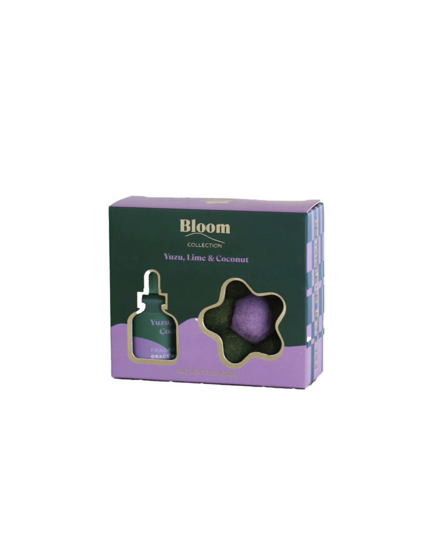 Grace & James Yuzu, Lime & Coconut felt air freshener with vibrant citrus and tropical scents.
