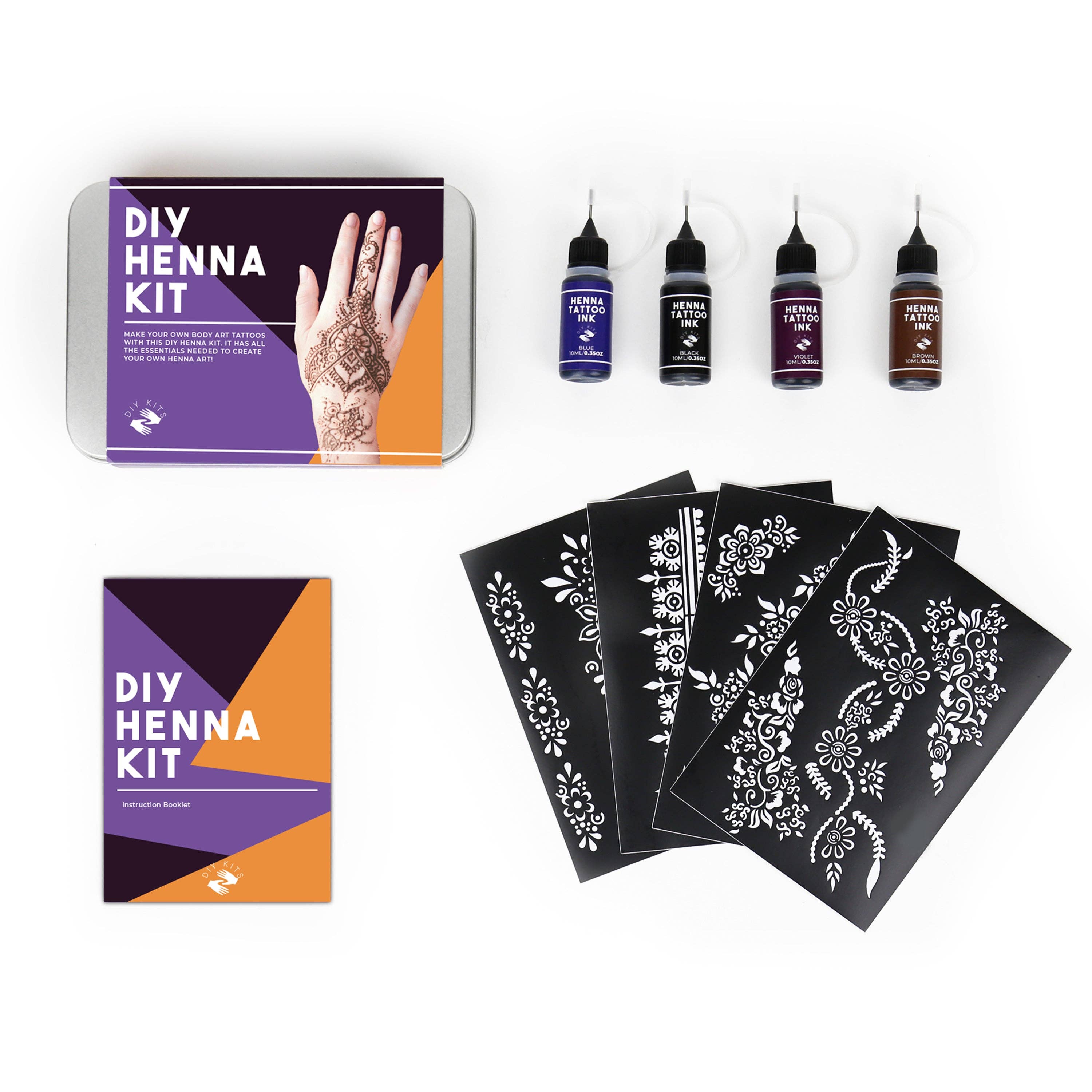 Gift Republic DIY Henna Kit for body art, includes henna cones, applicator tools, and instructions for creating henna designs.
