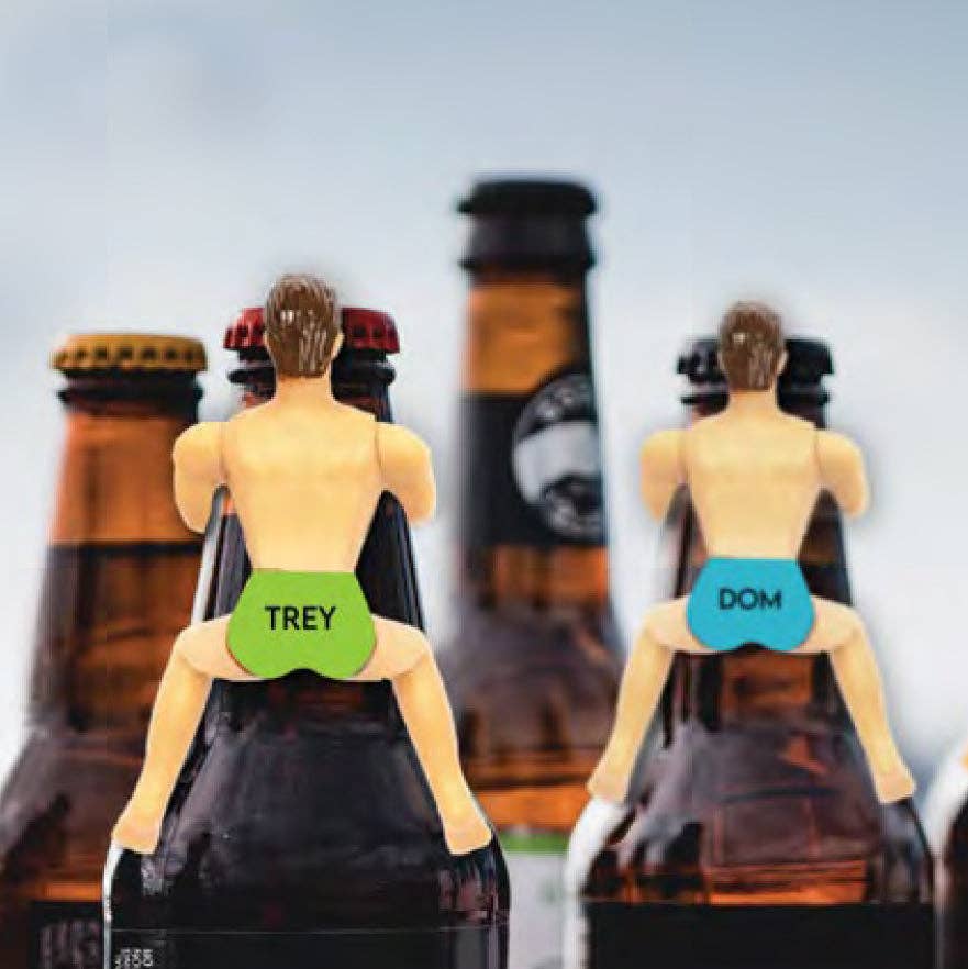 NPW Gifts Bottle Buddies drink marker set featuring colorful character designs for decorating beverage bottles.