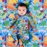 Kip & Co Dinosaur Roar organic long sleeve zip romper for babies, featuring colorful dinosaur print and soft fabric.