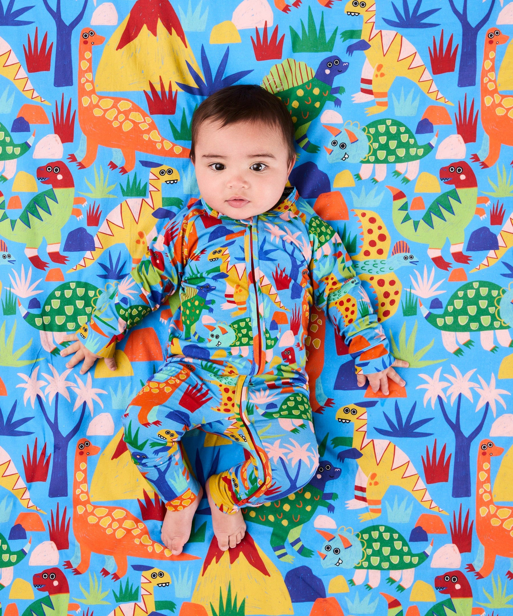 Kip & Co Dinosaur Roar organic long sleeve zip romper for babies, featuring colorful dinosaur print and soft fabric.