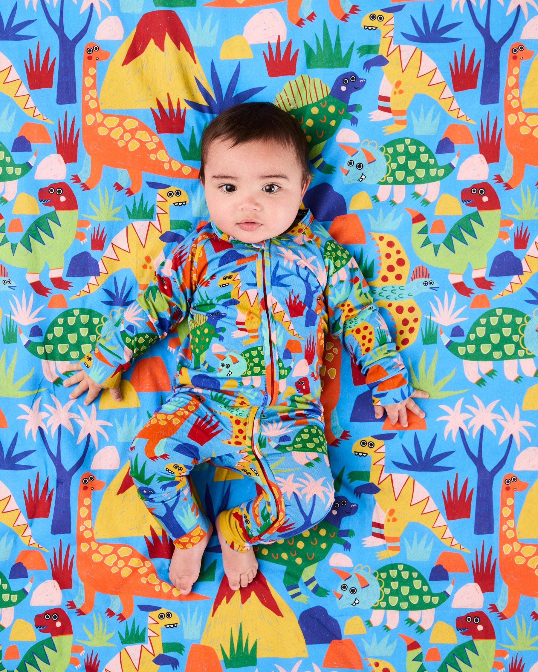 Kip & Co Dinosaur Roar organic long sleeve zip romper for babies, featuring colorful dinosaur print and soft fabric.