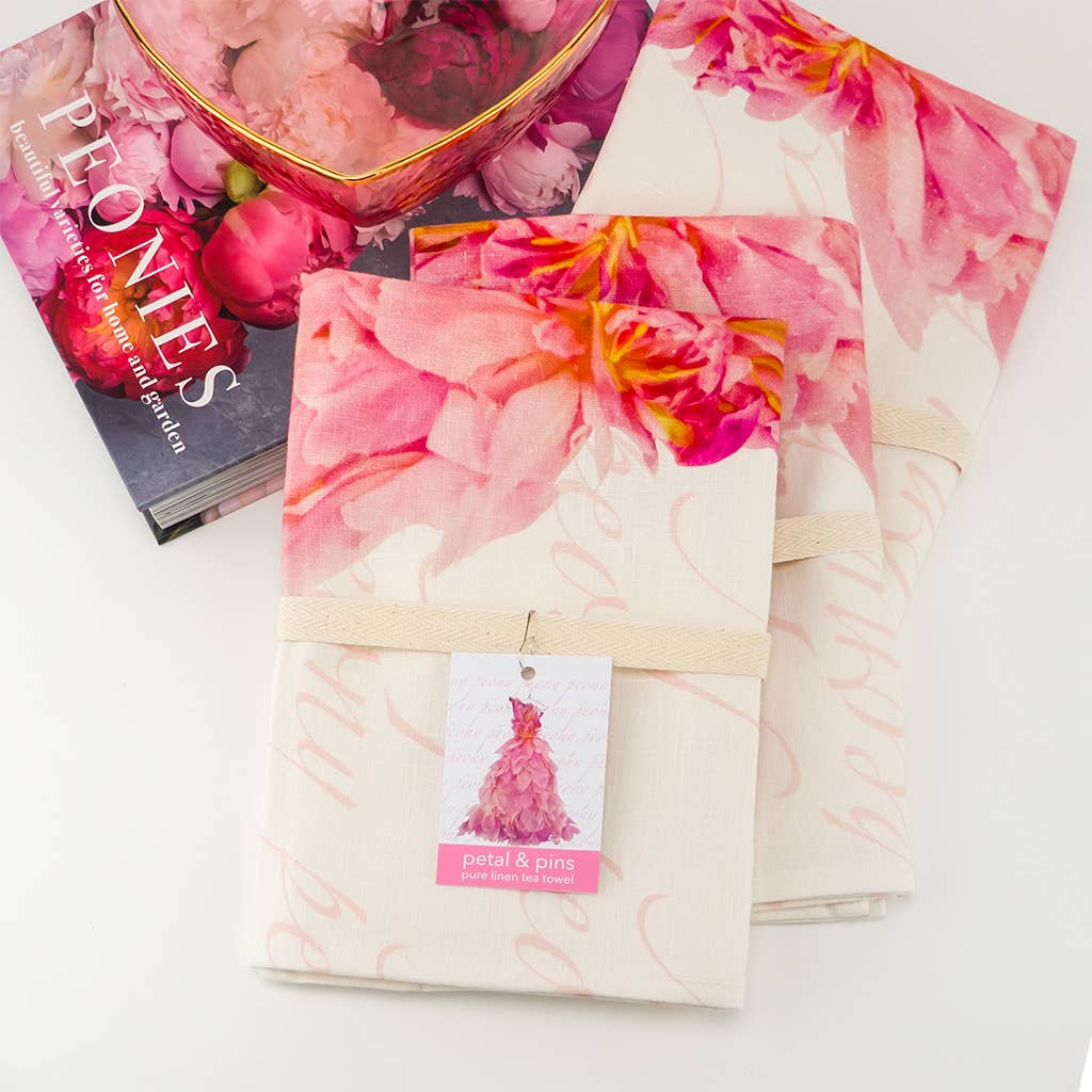 Floral Pure Linen Tea Towel - Pink Peony Design, , petal & pins - Say It Sister