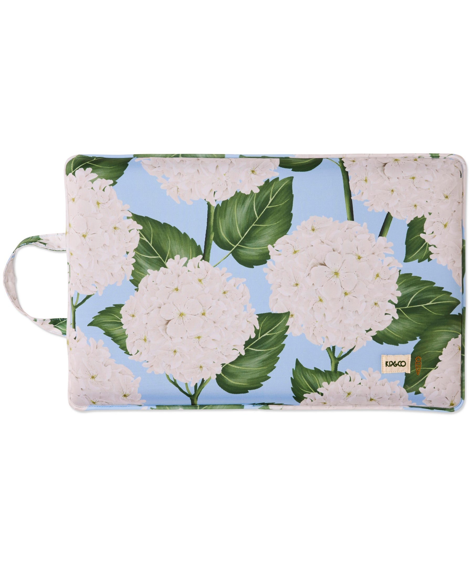Kip & Co Hydrangea Blue Garden Kneeling Mat with floral pattern, padded cushion for gardening comfort and support.